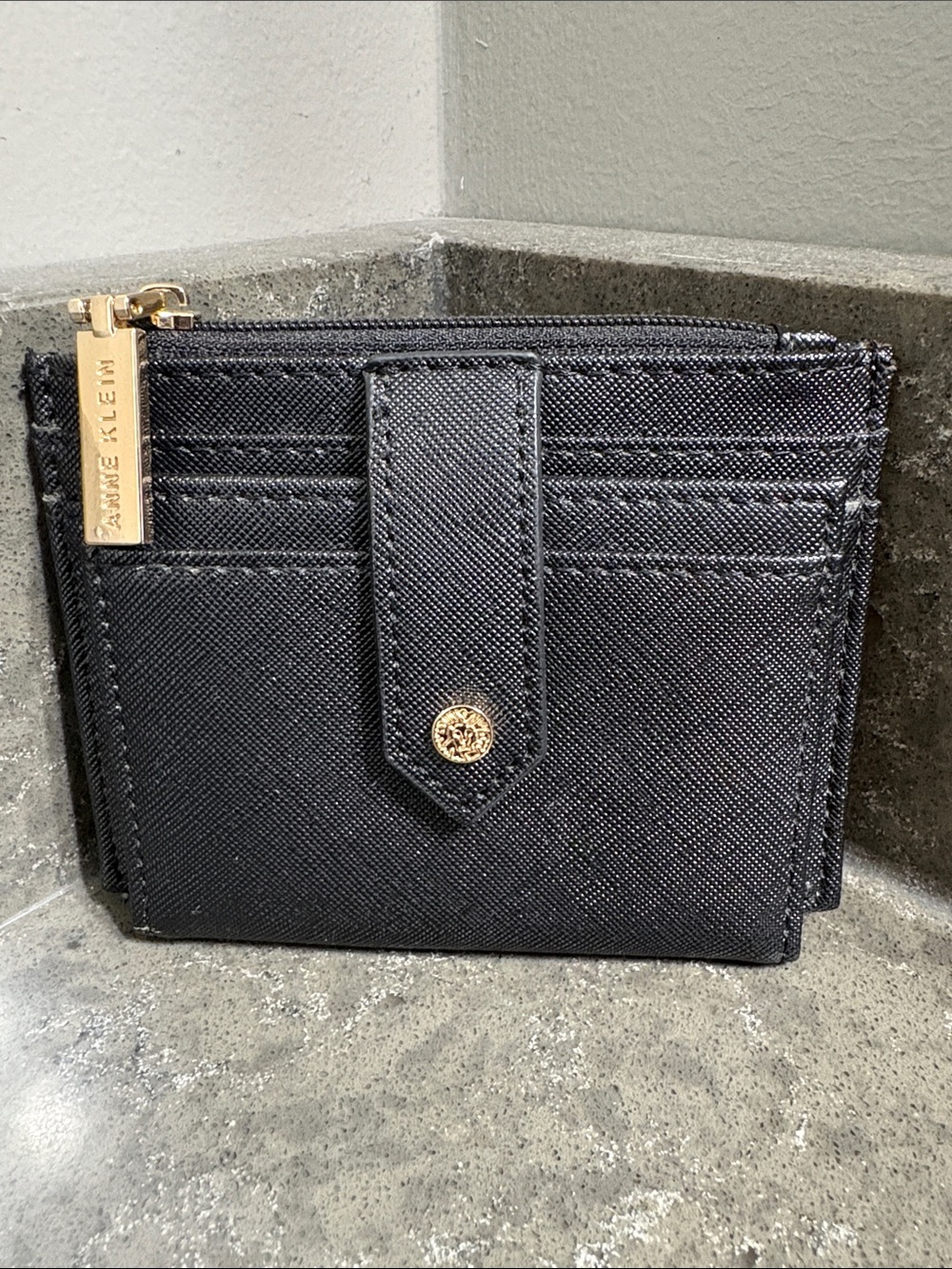 Anne Klein Black Textured Card Holder with Gold Accent